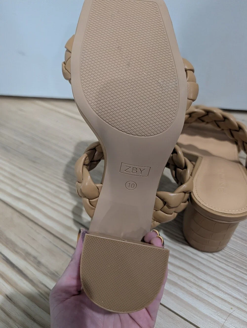 Braided Double-Strap Block Heel Mules in Tan